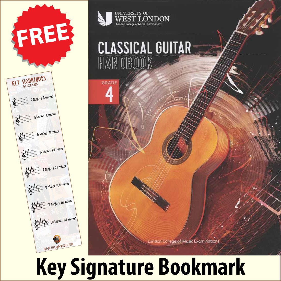 front cover of London College of Music Classical Guitar Handbook Grade 4 from 2022 together with free Treble Clef bookmark