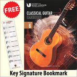 front cover of London College of Music Classical Guitar Handbook Grade 6 from 2022 together with free Treble Clef bookmark