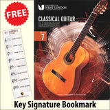 front cover of London College of Music Classical Guitar Handbook Grade 7 from 2022 together with free Treble Clef bookmark