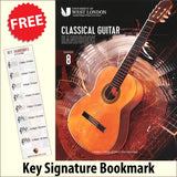 front cover of London College of Music Classical Guitar Handbook Grade 8 from 2022 together with free Treble Clef bookmark