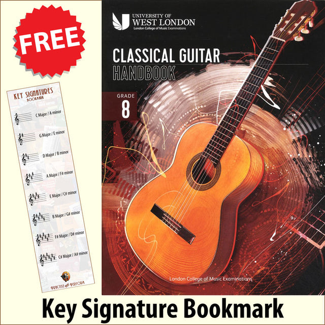 front cover of London College of Music Classical Guitar Handbook Grade 8 from 2022 together with free Treble Clef bookmark