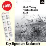 front cover of ABRSM Music Theory Practice Papers 2022 Grade 1 together with free Grand Staff bookmark