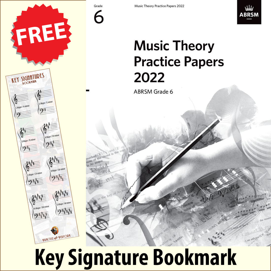 front cover of ABRSM Music Theory Practice Papers 2022 Grade 6 together with free Grand Staff bookmark