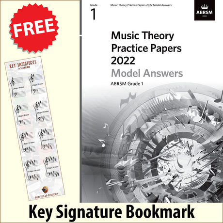 front cover of ABRSM Music Theory Practice Papers 2022 Grade 1 Model Answers together with free Grand Staff bookmark