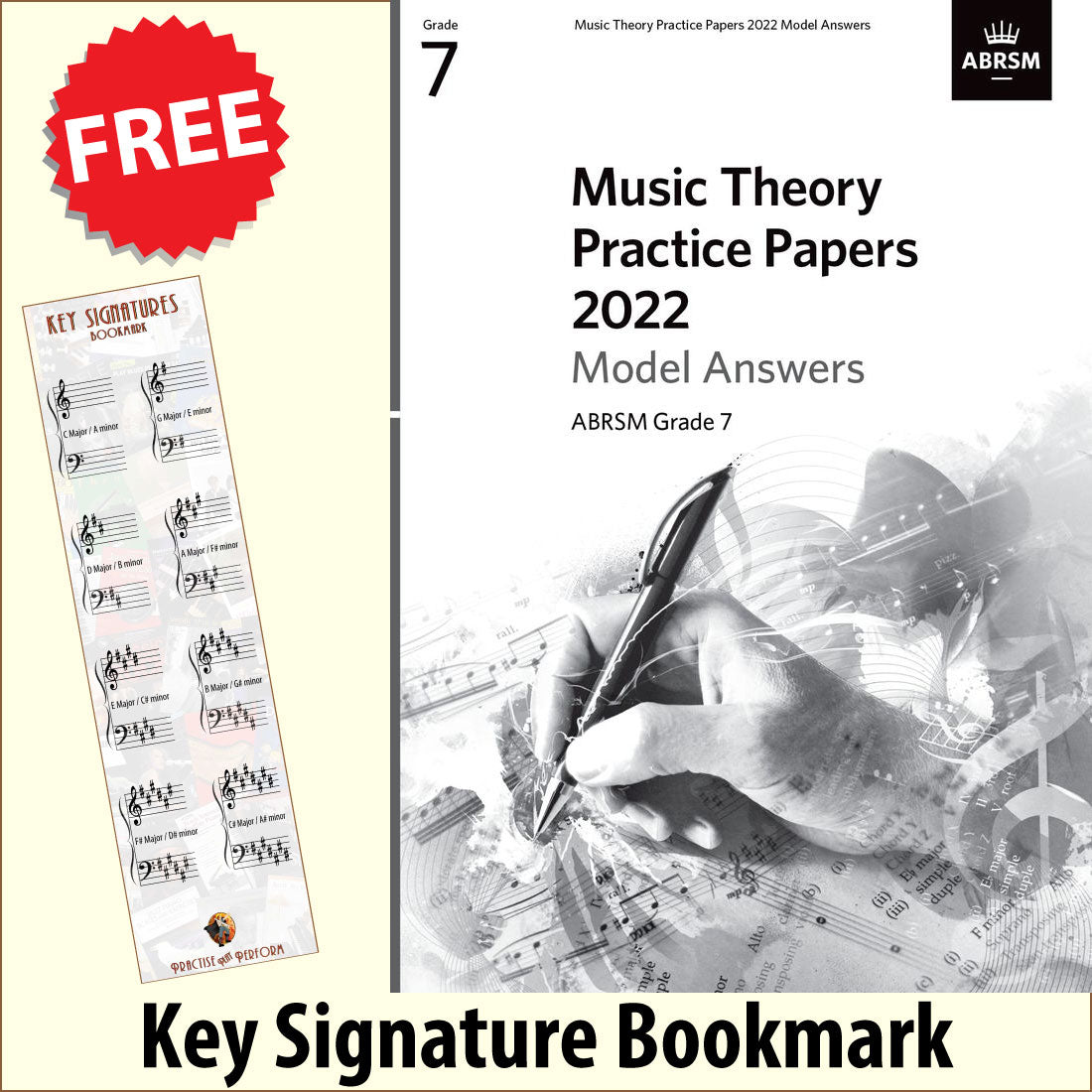 front cover of ABRSM Music Theory Practice Papers 2022 Grade 7 Model Answers together with free Grand Staff bookmark