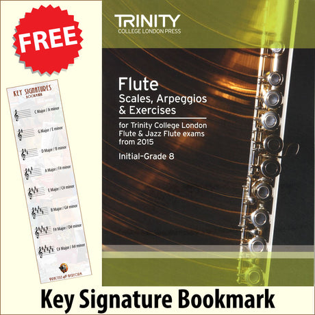 front cover of Trinity College London Flute Scales Arpeggios Exercises Grades 1-8 together with free Treble Clef bookmark