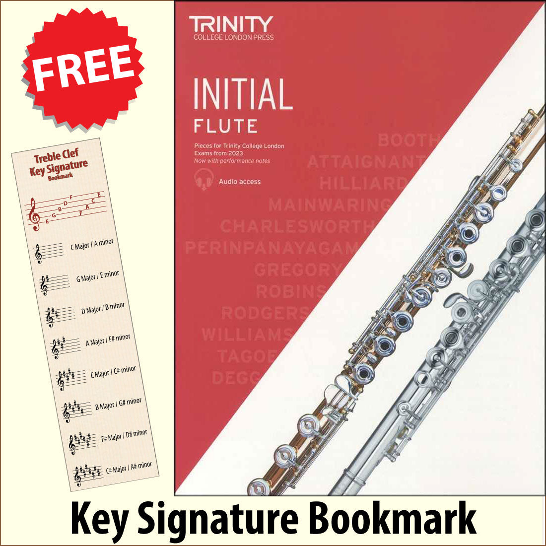 front cover of Trinity College London Flute Initial from 2023 together with free Treble Clef bookmark