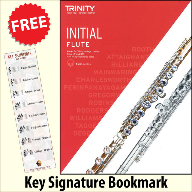 front cover of Trinity College London Flute Initial from 2023 together with free Treble Clef bookmark