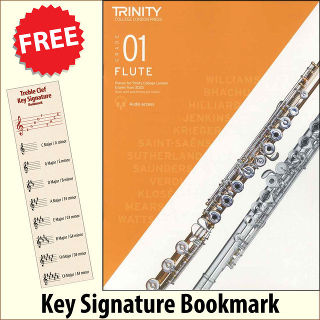 front cover of Trinity College London Flute Grade 1 from 2023 together with free Treble Clef bookmark