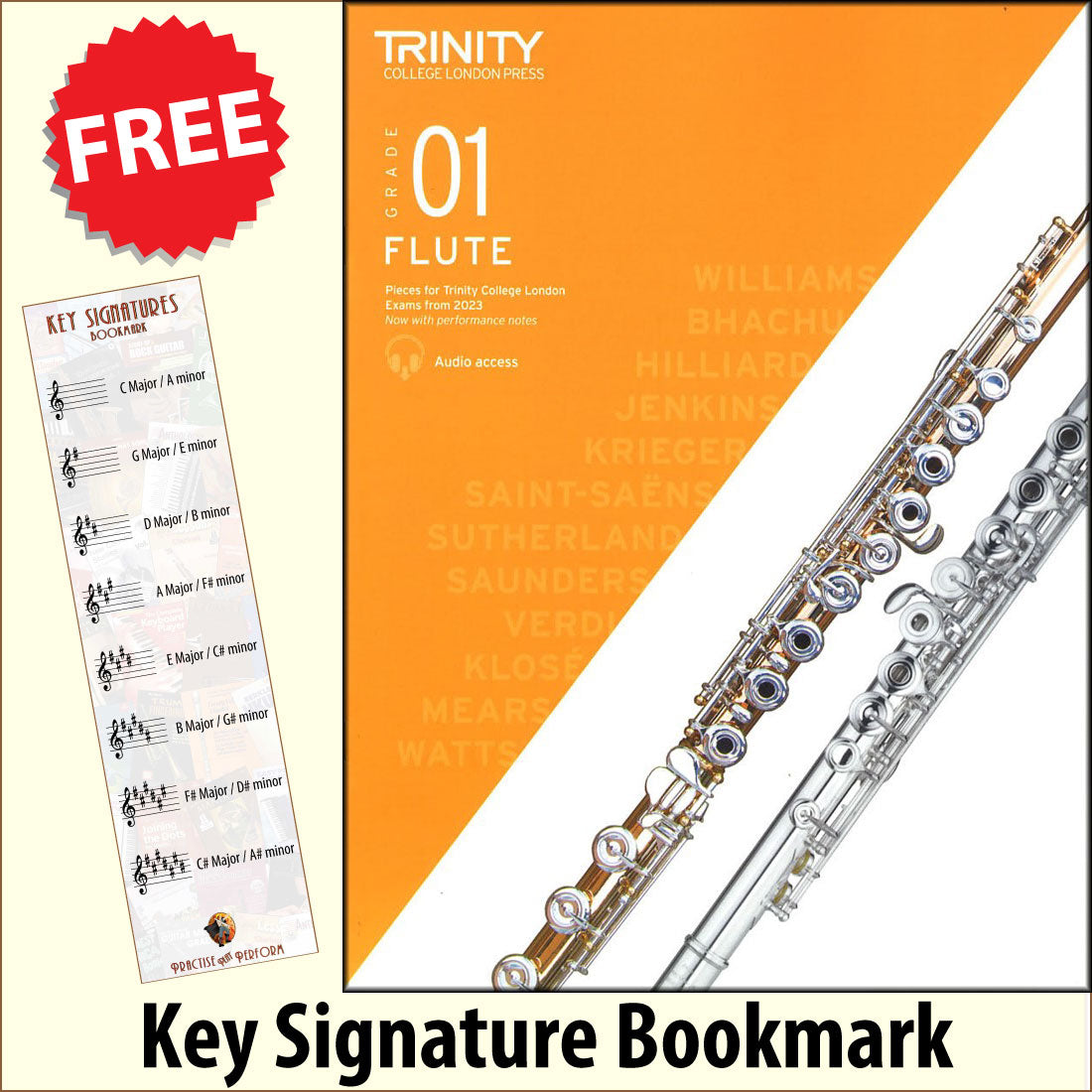 front cover of Trinity College London Flute Grade 1 from 2023 together with free Treble Clef bookmark