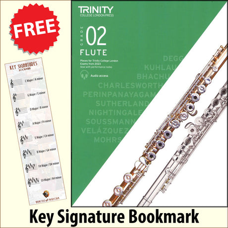 front cover of Trinity College London Flute Grade 2 from 2023 together with free Treble Clef bookmark