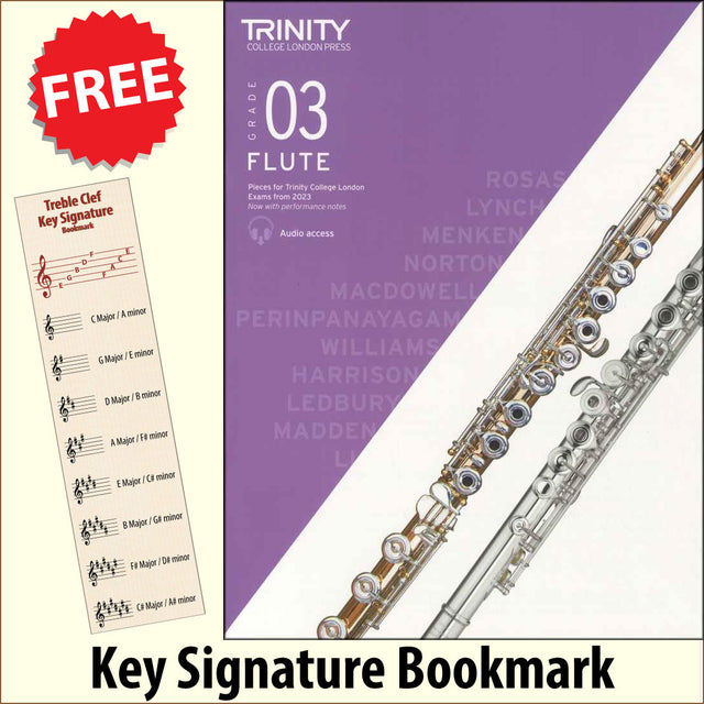 front cover of Trinity College London Flute Grade 3 from 2023 together with free Treble Clef bookmark