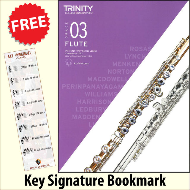 front cover of Trinity College London Flute Grade 3 from 2023 together with free Treble Clef bookmark