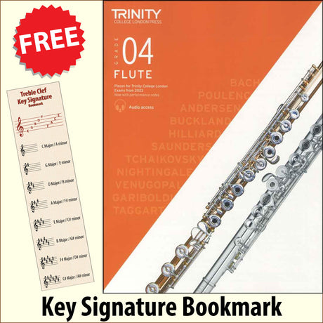 front cover of Trinity College London Flute Grade 4 from 2023 together with free Treble Clef bookmark