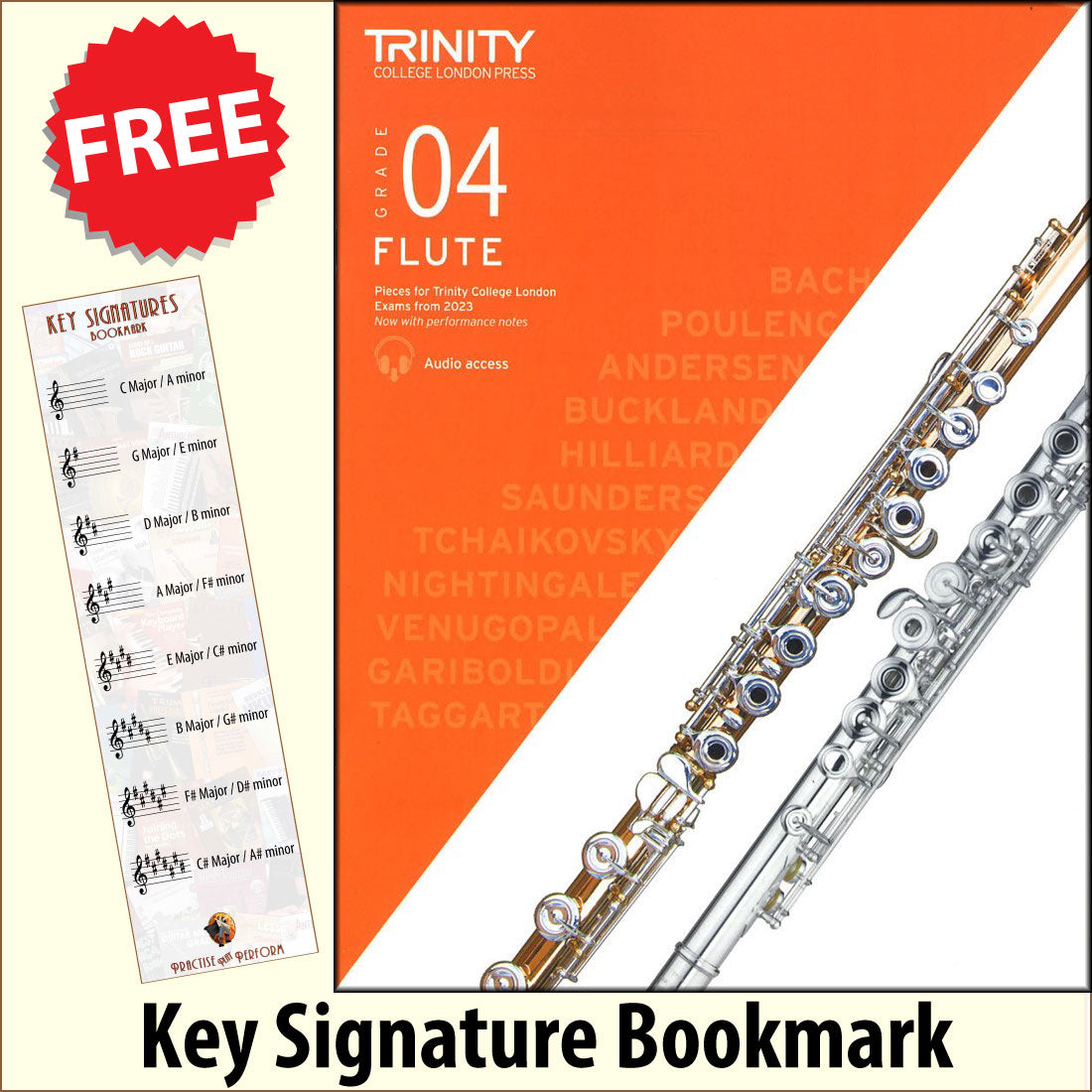 front cover of Trinity College London Flute Grade 4 from 2023 together with free Treble Clef bookmark