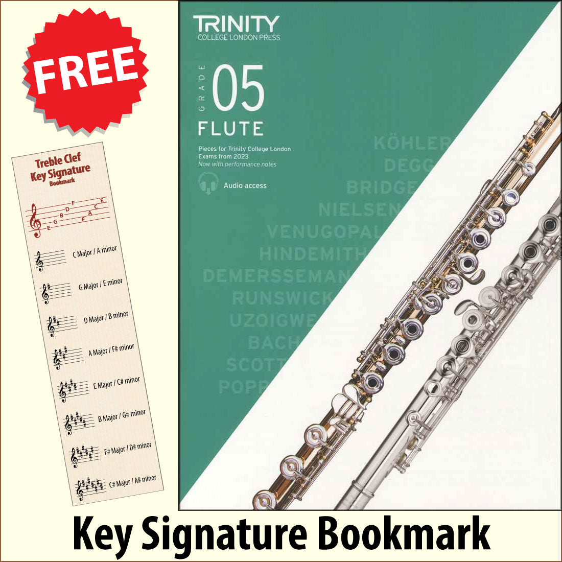 front cover of Trinity College London Flute Grade 5 from 2023 together with free Treble Clef bookmark
