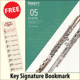 front cover of Trinity College London Flute Grade 5 from 2023 together with free Treble Clef bookmark