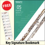 front cover of Trinity College London Flute Grade 5 from 2023 together with free Treble Clef bookmark