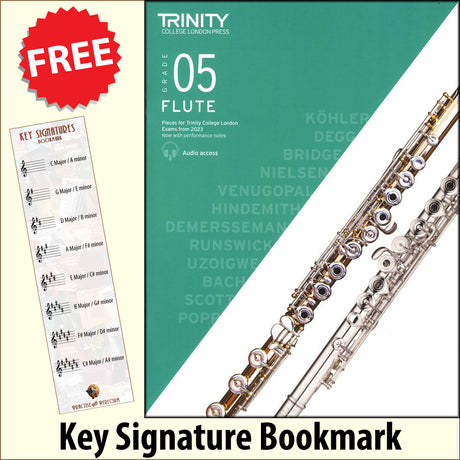 front cover of Trinity College London Flute Grade 5 from 2023 together with free Treble Clef bookmark