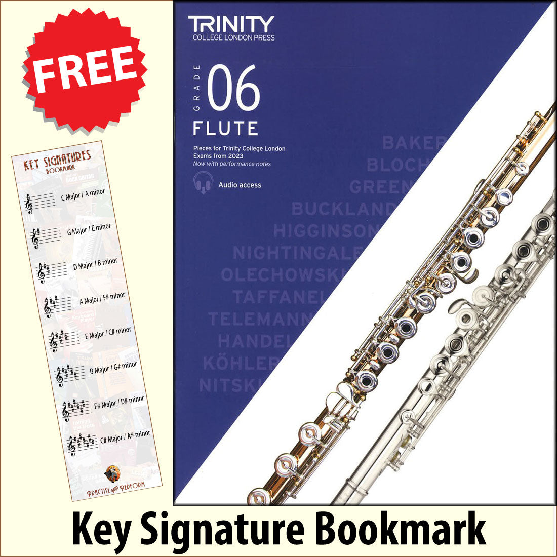 front cover of Trinity College London Flute Grade 6 from 2023 together with free Treble Clef bookmark