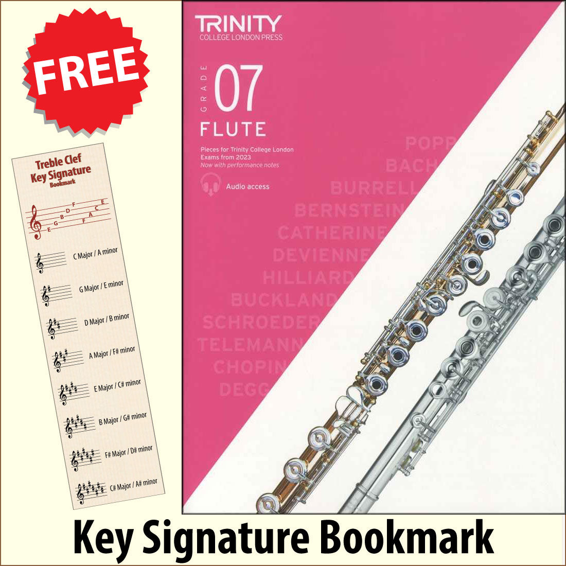 front cover of Trinity College London Flute Grade 7 from 2023 together with free Treble Clef bookmark