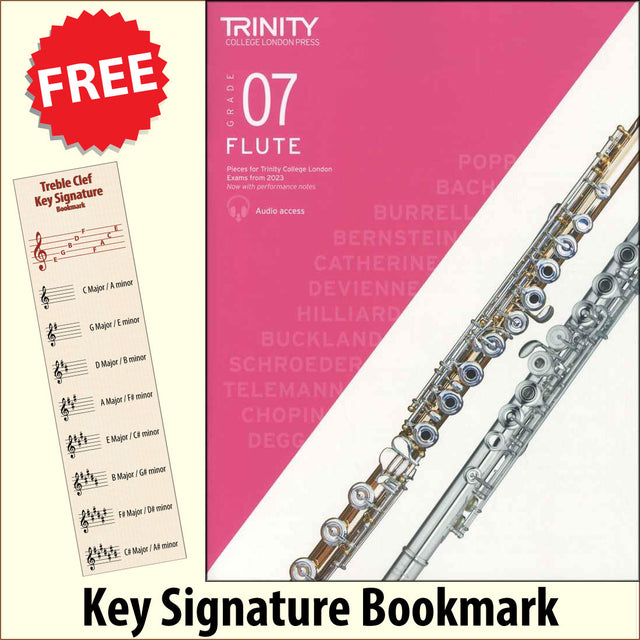 front cover of Trinity College London Flute Grade 7 from 2023 together with free Treble Clef bookmark