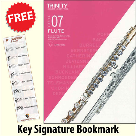 front cover of Trinity College London Flute Grade 7 from 2023 together with free Treble Clef bookmark