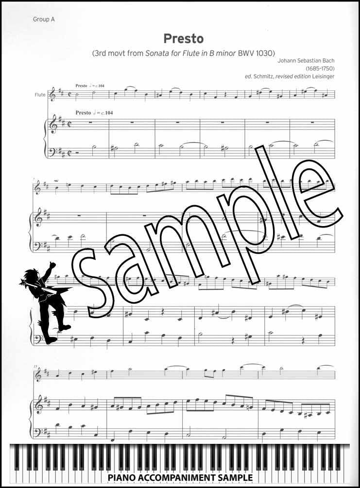 piano accompaniment sample page from Trinity College London Flute Grade 8 from 2023