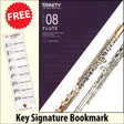 front cover of Trinity College London Flute Grade 8 from 2023 together with free Treble Clef bookmark