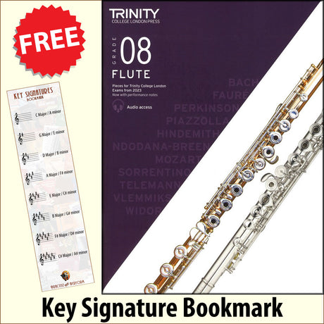 front cover of Trinity College London Flute Grade 8 from 2023 together with free Treble Clef bookmark