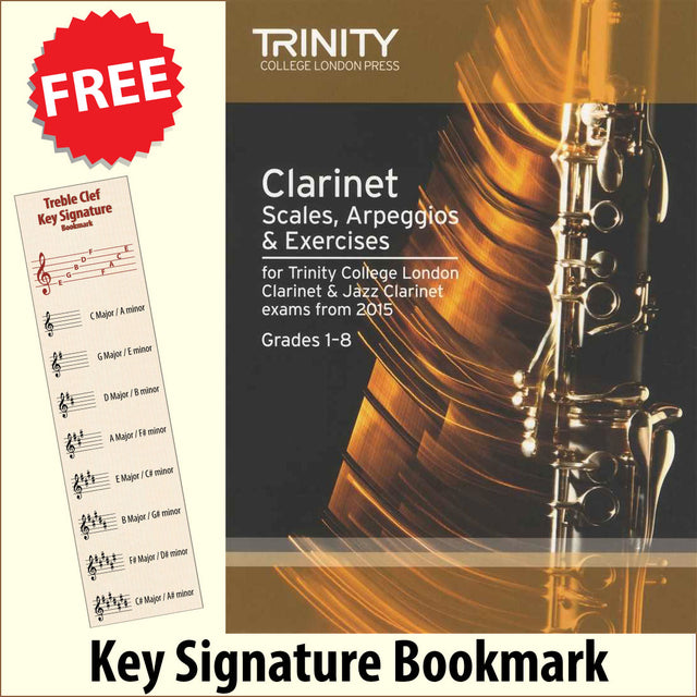 front cover of Trinity College London Clarinet Scales Arpeggios Exercises Grades 1-8 together with free Treble Clef bookmark