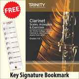 front cover of Trinity College London Clarinet Scales Arpeggios Exercises Grades 1-8 together with free Treble Clef bookmark