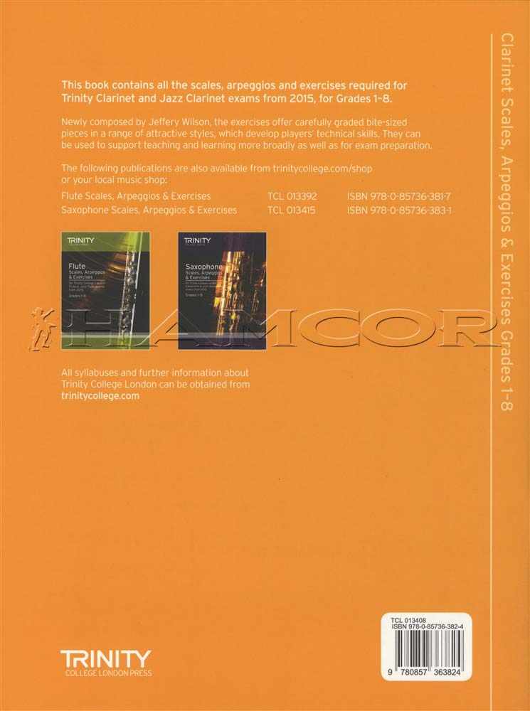 back cover of Trinity College London Clarinet Scales Arpeggios Exercises Grades 1-8