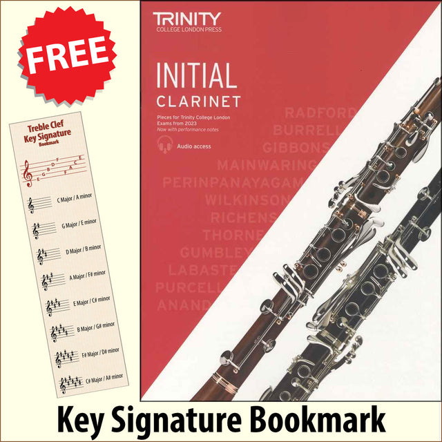 front cover of Trinity College London Clarinet Initial from 2023 together with free Treble Clef bookmark