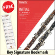 front cover of Trinity College London Clarinet Initial from 2023 together with free Treble Clef bookmark