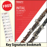 front cover of Trinity College London Clarinet Initial from 2023 together with free Treble Clef bookmark