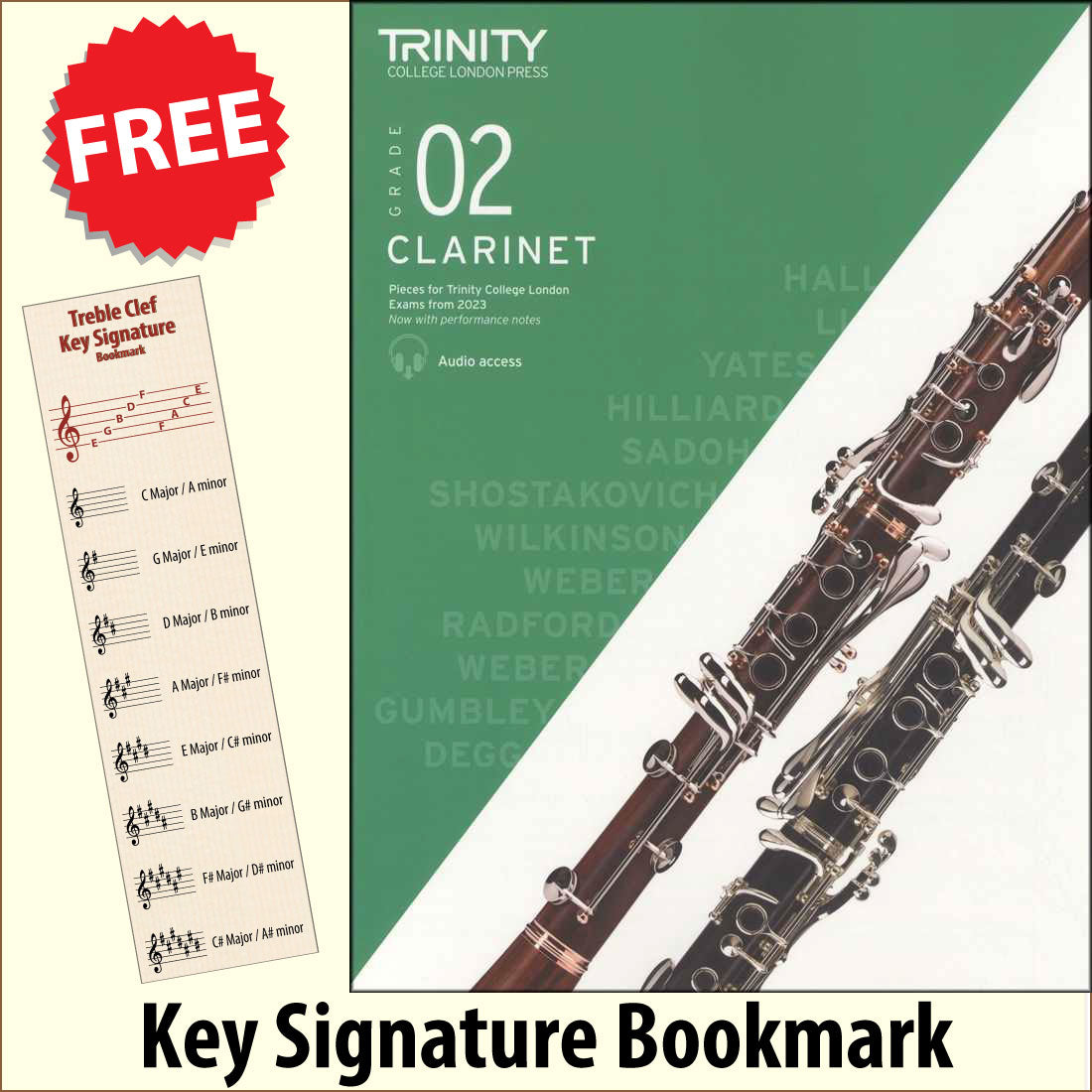 front cover of Trinity College London Clarinet Grade 2 from 2023 together with free Treble Clef bookmark