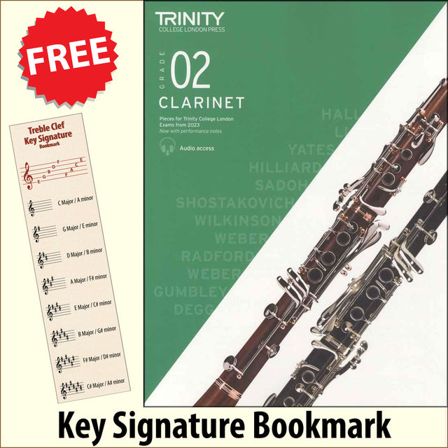 front cover of Trinity College London Clarinet Grade 2 from 2023 together with free Treble Clef bookmark