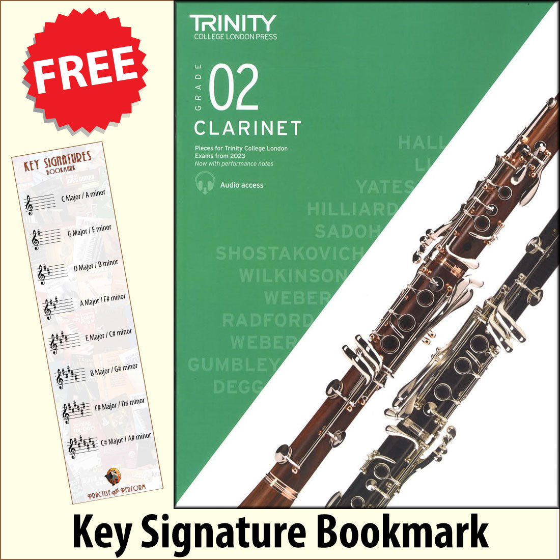 front cover of Trinity College London Clarinet Grade 2 from 2023 together with free Treble Clef bookmark