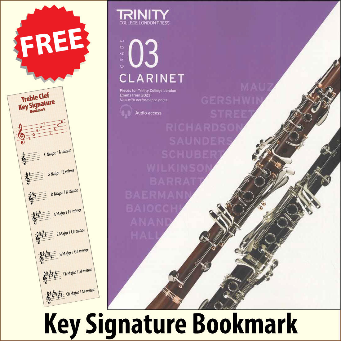 front cover of Trinity College London Clarinet Grade 3 from 2023 together with free Treble Clef bookmark