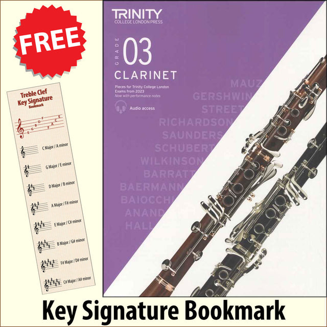 front cover of Trinity College London Clarinet Grade 3 from 2023 together with free Treble Clef bookmark