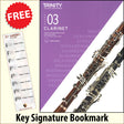 front cover of Trinity College London Clarinet Grade 3 from 2023 together with free Treble Clef bookmark