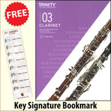 front cover of Trinity College London Clarinet Grade 3 from 2023 together with free Treble Clef bookmark