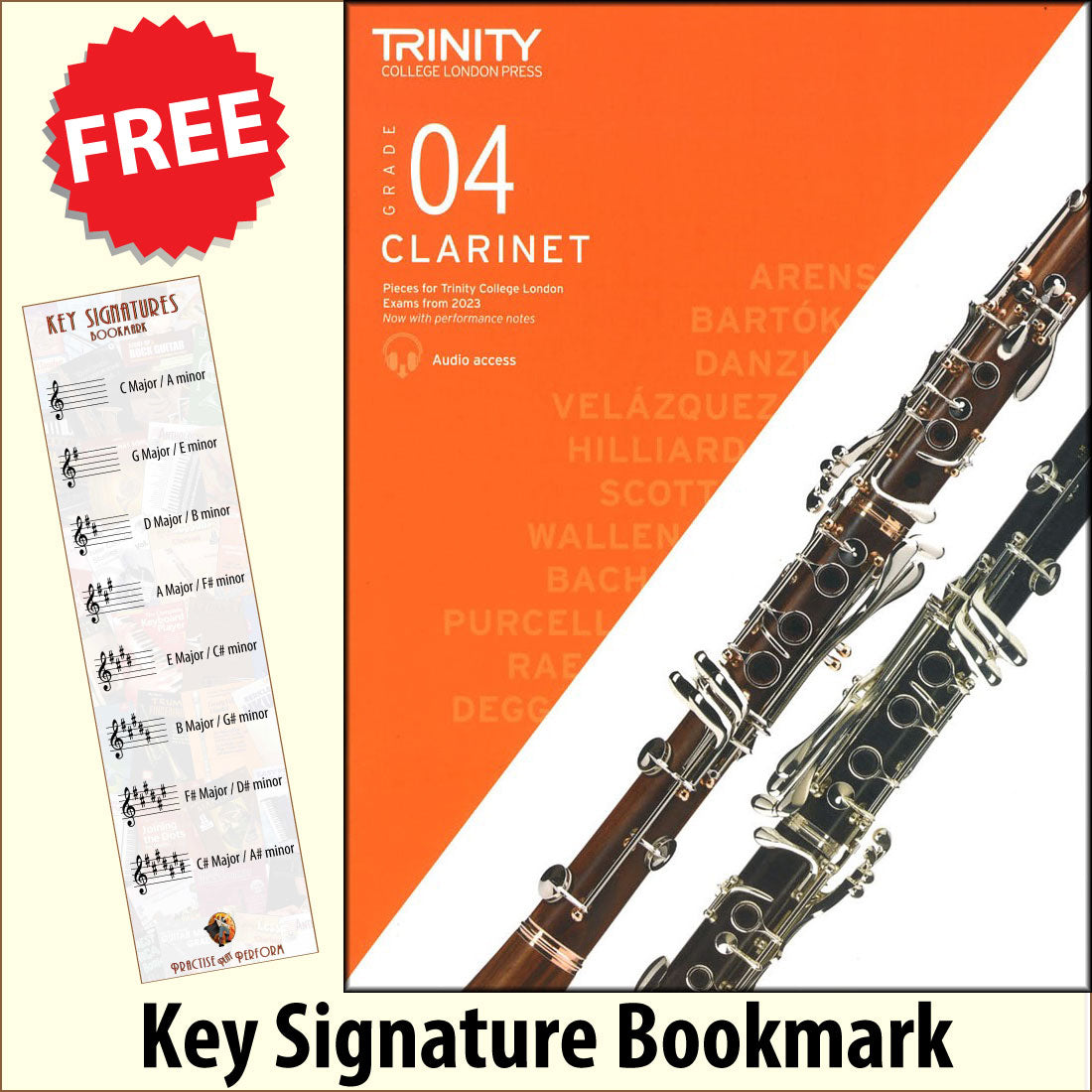 front cover of Trinity College London Clarinet Grade 4 from 2023 together with free Treble Clef bookmark