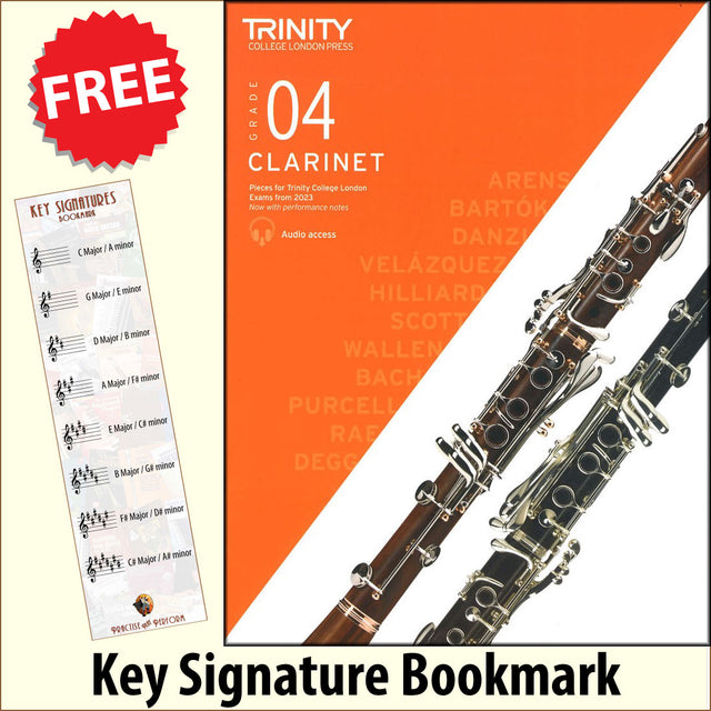 front cover of Trinity College London Clarinet Grade 4 from 2023 together with free Treble Clef bookmark