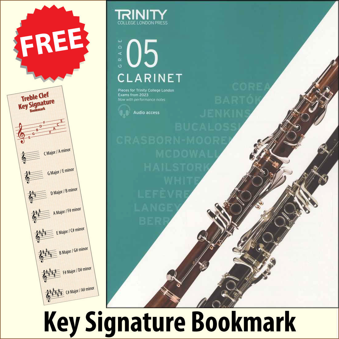 front cover of Trinity College London Clarinet Grade 5 from 2023 together with free Treble Clef bookmark