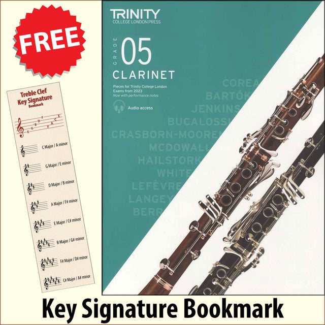 front cover of Trinity College London Clarinet Grade 5 from 2023 together with free Treble Clef bookmark