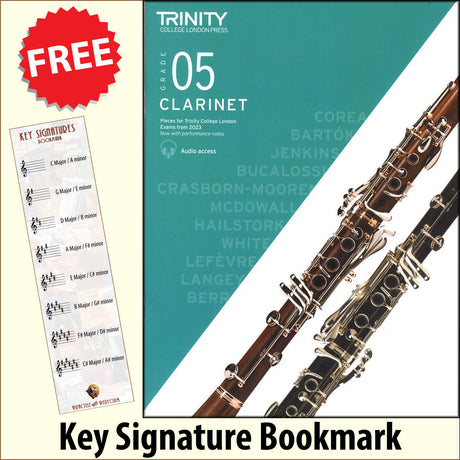 front cover of Trinity College London Clarinet Grade 5 from 2023 together with free Treble Clef bookmark