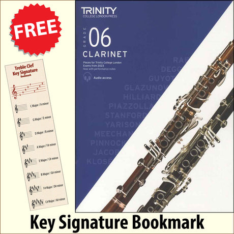 front cover of Trinity College London Clarinet Grade 6 from 2023 together with free Treble Clef bookmark