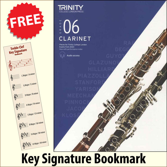 front cover of Trinity College London Clarinet Grade 6 from 2023 together with free Treble Clef bookmark